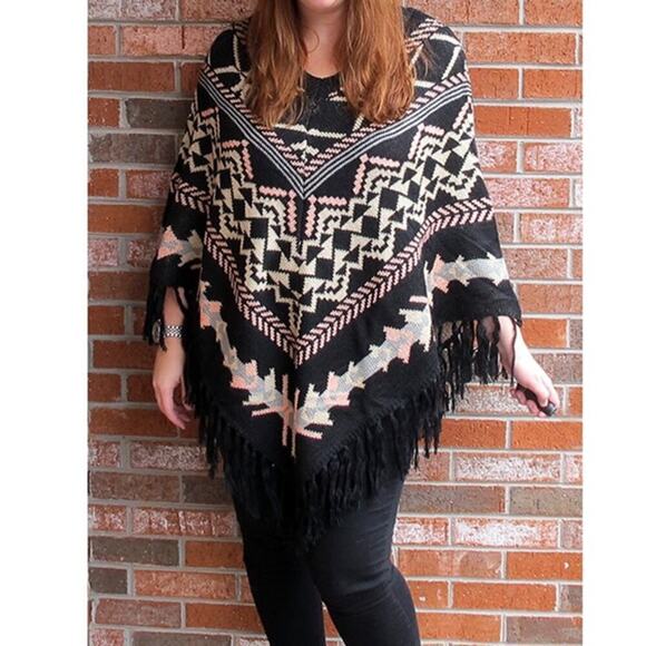 Skies are Blue Women's Acrylic Fringe Knit Pullover Poncho Sweater Size L Multi - Picture 1 of 7